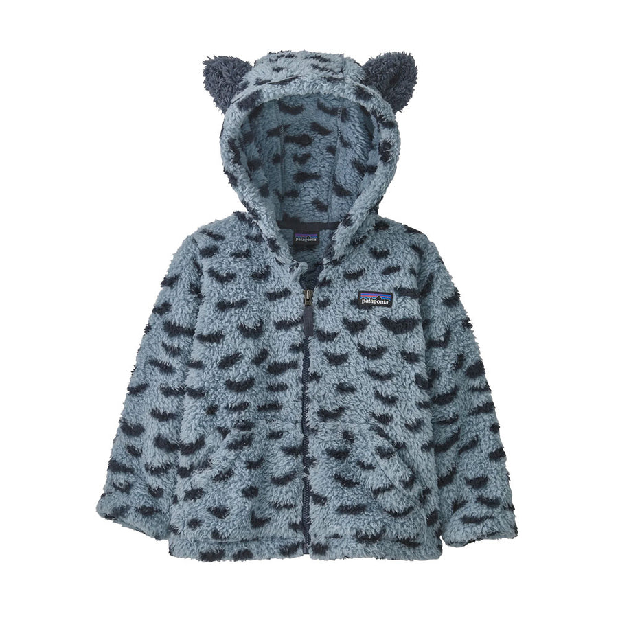 Patagonia little kids furry friends hoody in the plume grey colour on a white background