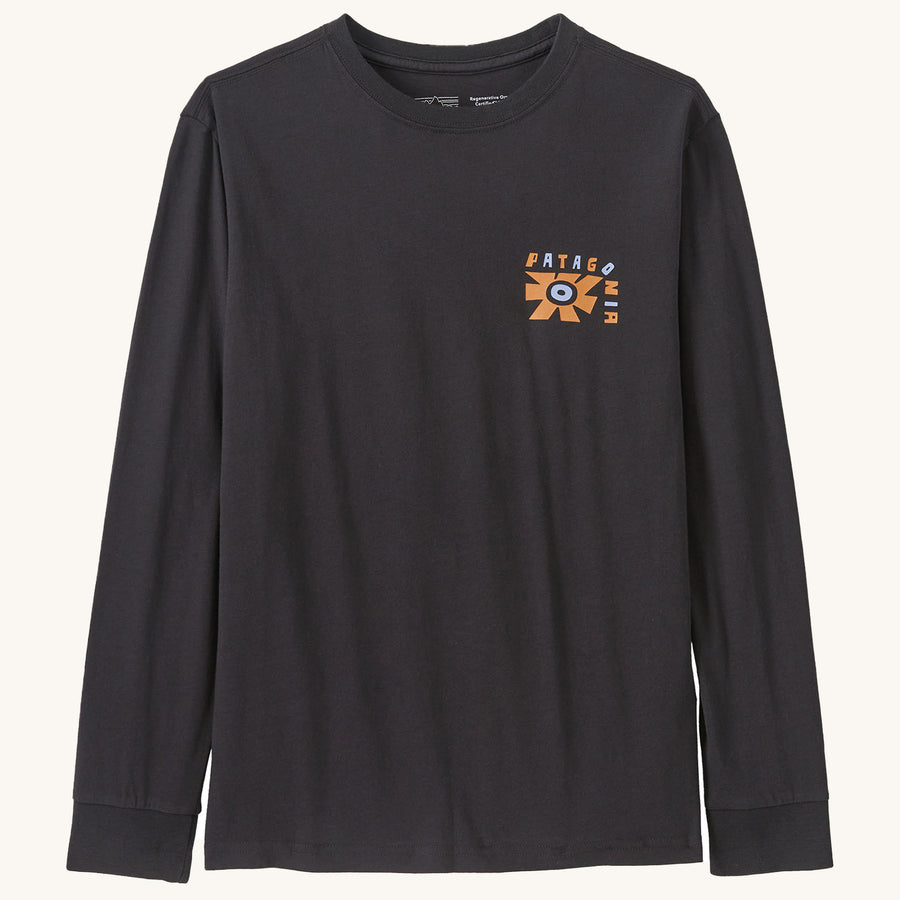 Front view of the Patagonia Kids Long Sleeve Regenerative Organic Cotton Graphic T-shirt - Ink Black on a plain background.