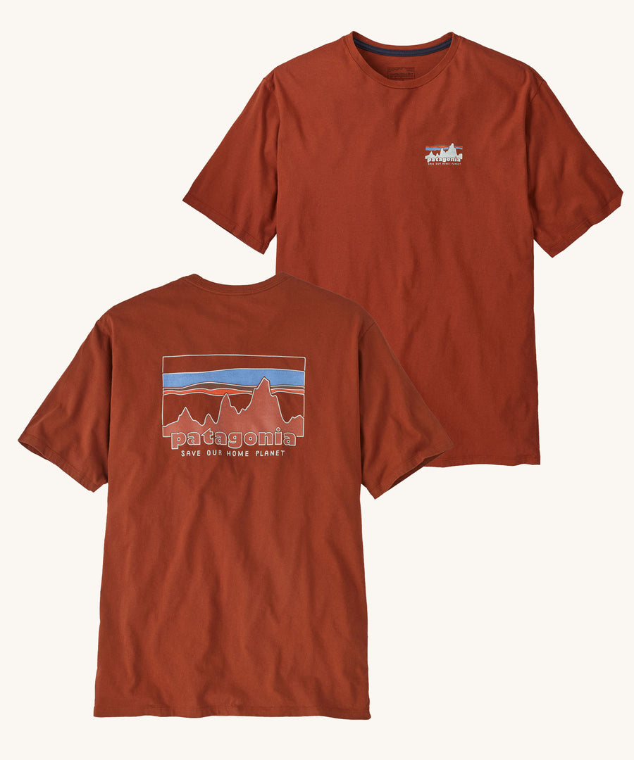 Patagonia Men's 73 Skyline Organic T-Shirt Burnished Red on a plain background showing both front and back