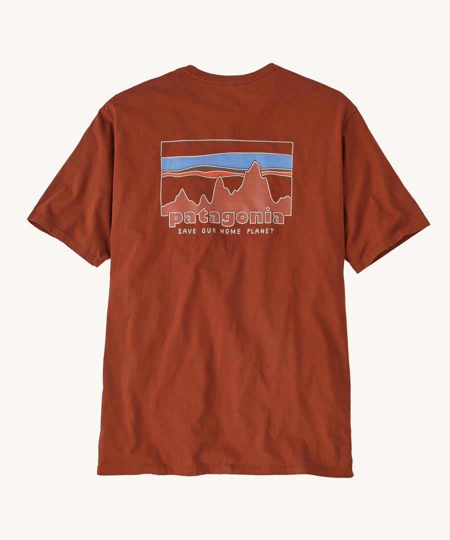 the back of the Patagonia Men's 73 Skyline Organic T-Shirt Burnished Red on a plain background