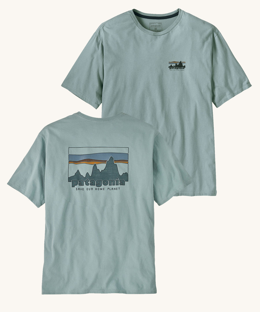 Patagonia Men's 73 Skyline Organic T-Shirt Thermal Blue on a plain background showing both front and back