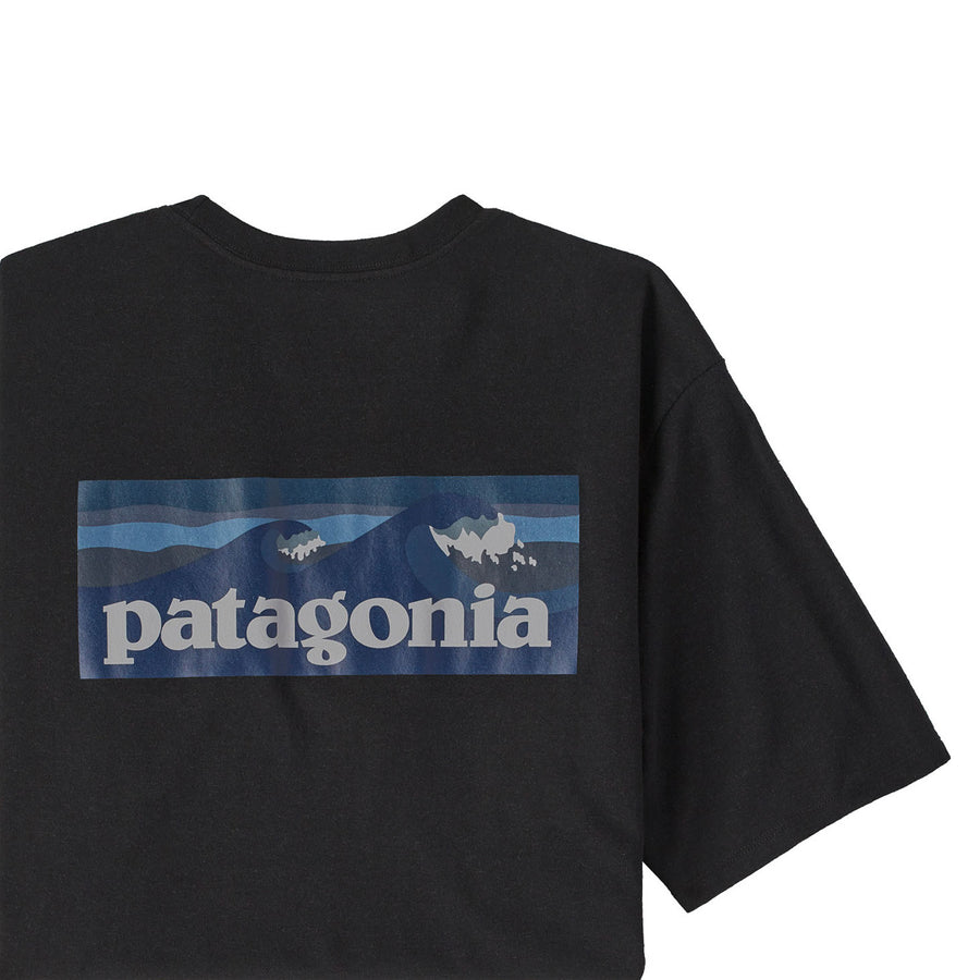 A close up of the graphics on the back of the Patagonia Men's Boardshort Logo Pocket Responsibili-Tee Ink Black