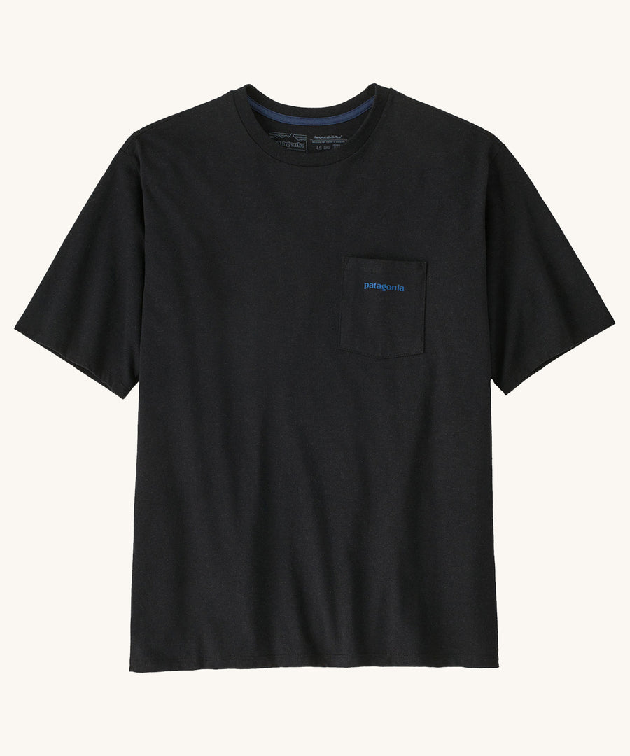 Patagonia Men's Boardshort Logo Pocket Responsibili-Tee in Ink Black on a plain background showing the front