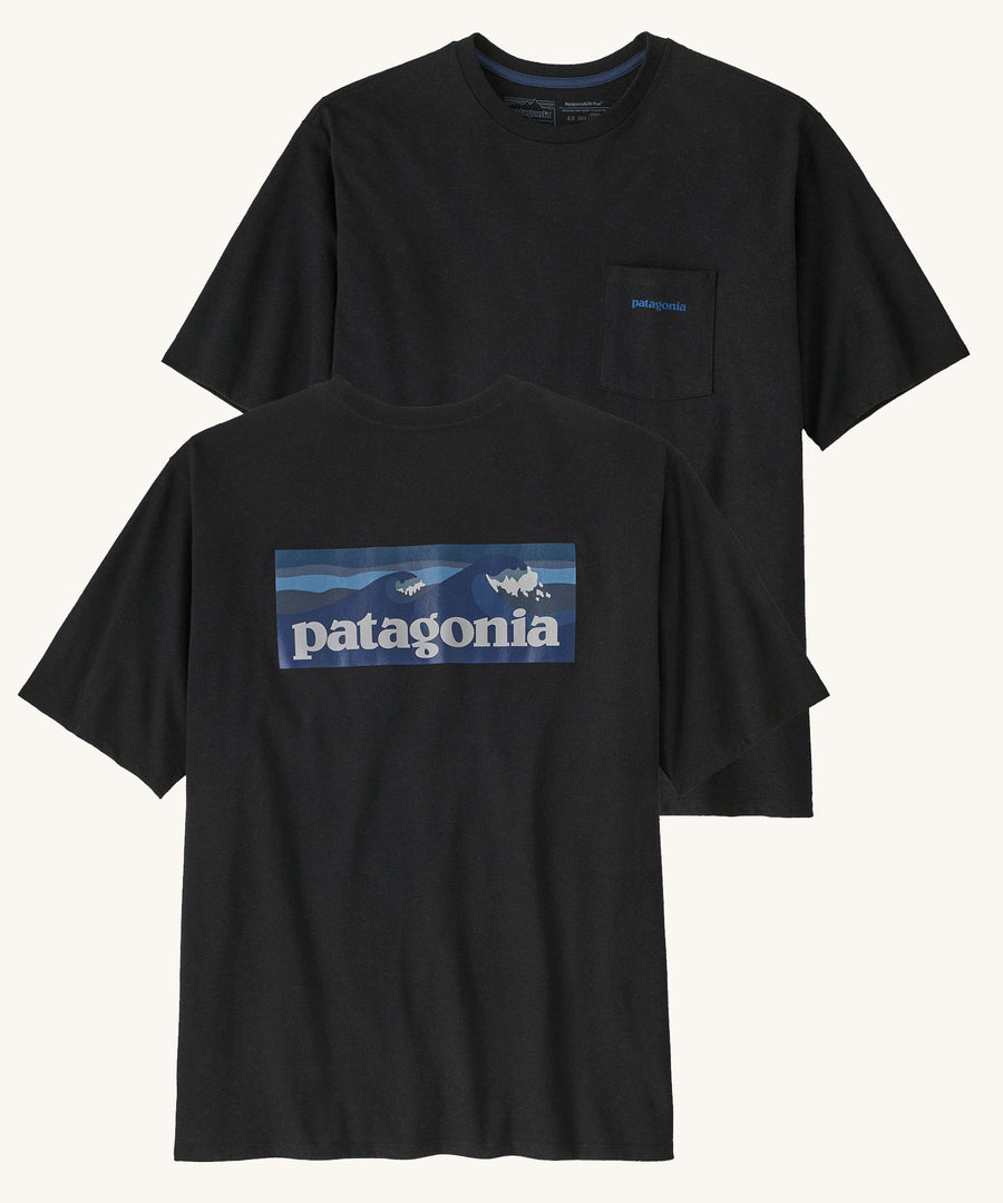 Patagonia Men's Boardshort Logo Pocket Responsibili-Tee in Ink Black on a plain background showing both front and back views