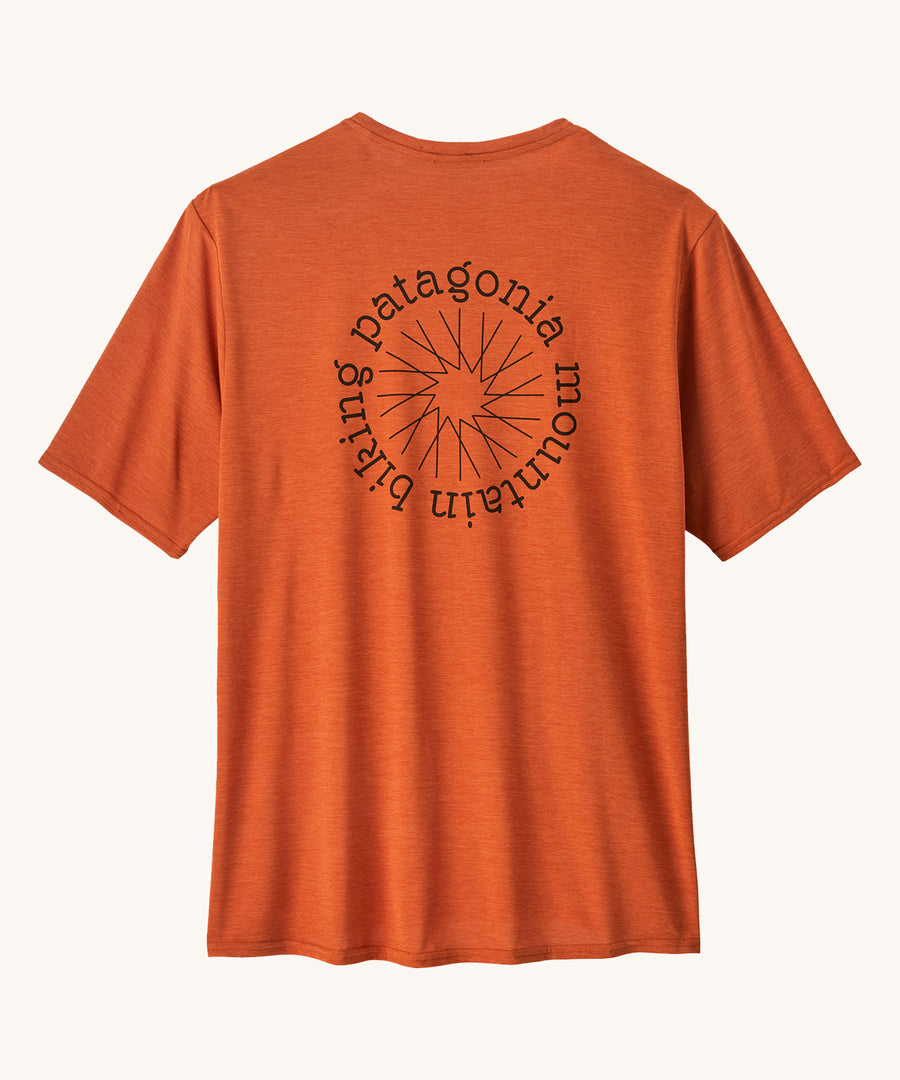 Patagonia Men's Cap Cool Daily Graphic Shirt in a Lands Redtail Rust orange colour showing the back of the t-shirt