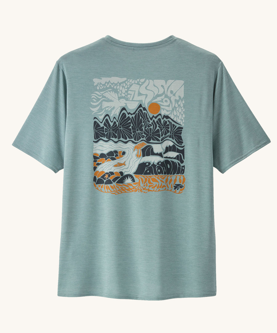 Patagonia Men's Cap Cool Daily Graphic Shirt with a Waters / Thermal Blue design on a plain background. 