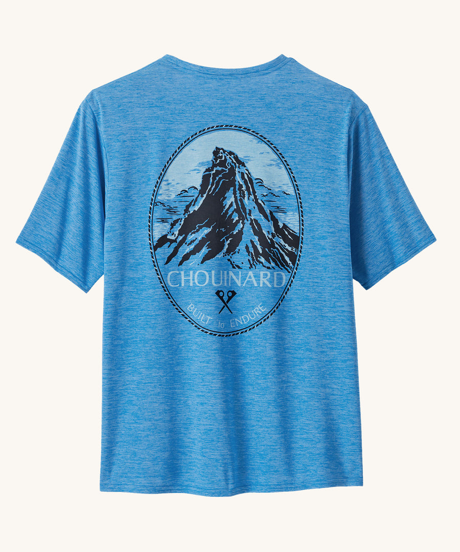 Back of the Patagonia Men's Capilene Cool Daily Graphic Shirt - Lands / Vessel Blue on a plain background.