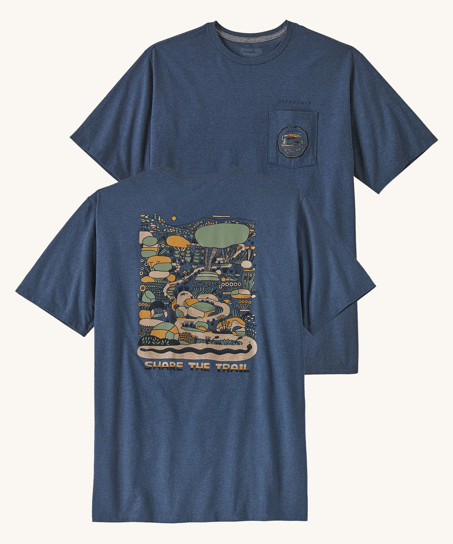 Patagonia Men's Commontrail Pocket Responsibili-Tee in Utility Blue on a plain background showing both front and back 