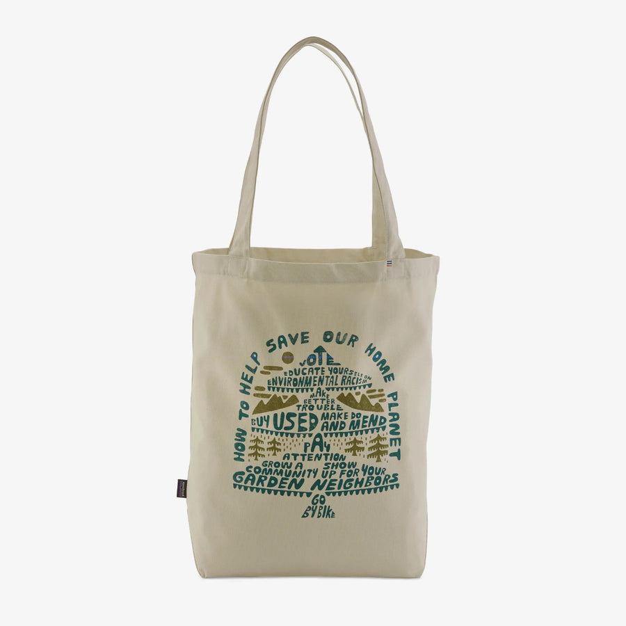 Patagonia Market Tote Bag - How to Save: Bleached Stone, stood upright on a white background