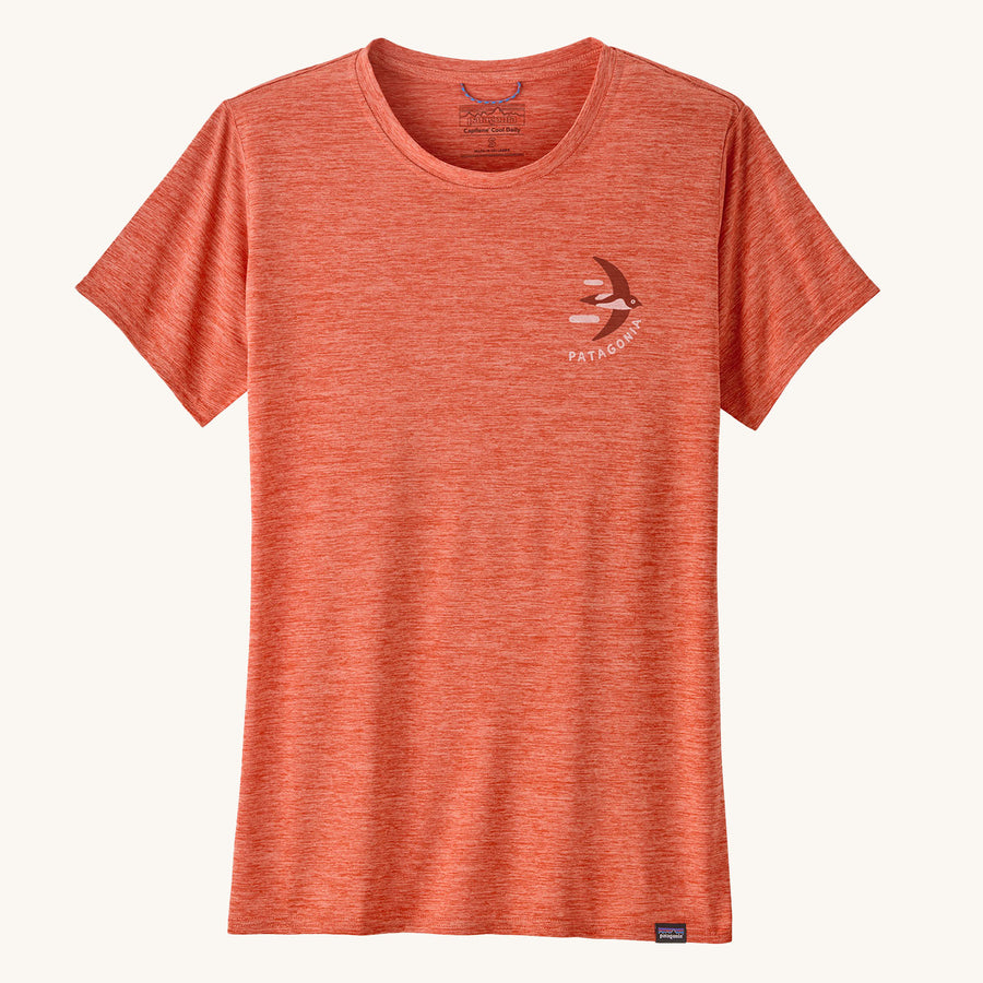 Patagonia Women's Capilene Cool Daily Graphic Shirt - Granite Swift / Pimento Red X-Dye. This photo shows a Patagonia swift logo and a hanging tab on the collar of the t-shirt, on a cream background