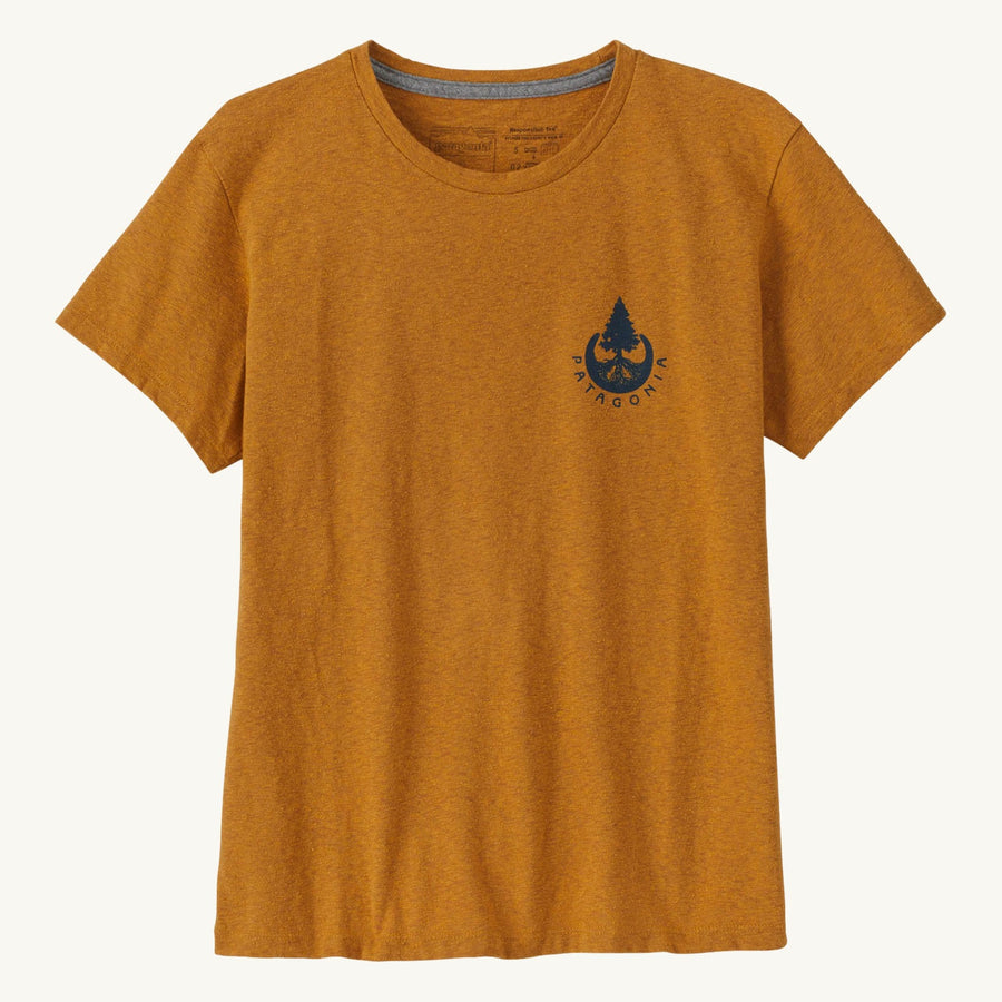 A picture of the back of the Patagonia Women's Resbonsibili Tee in a mango orange colour.