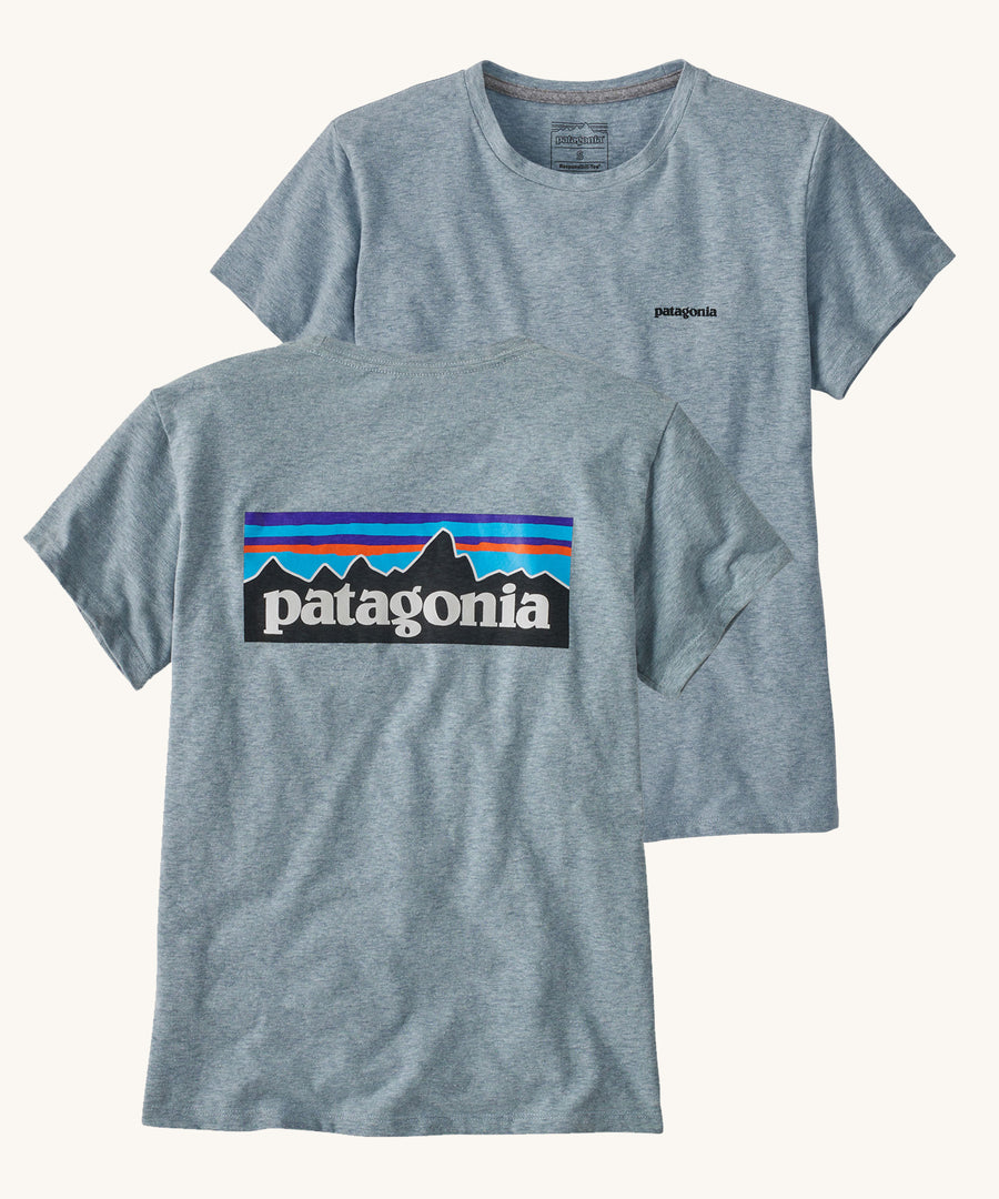  Patagonia Women's P-6 Logo Responsibili-Tee Thermal Blue showing the front and back views