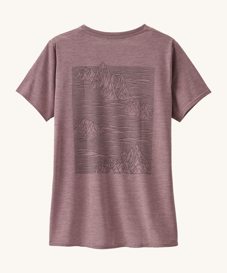 Patagonia Women's Cap Cool Daily Graphic Shirt in a Stormy Mauve colour on a plain background showing the back of the t-shirt