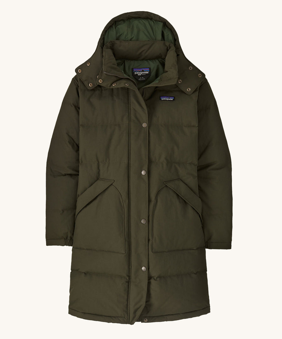 Patagonia Women's Downdrift Parka in Pine Needle Green on a plain background