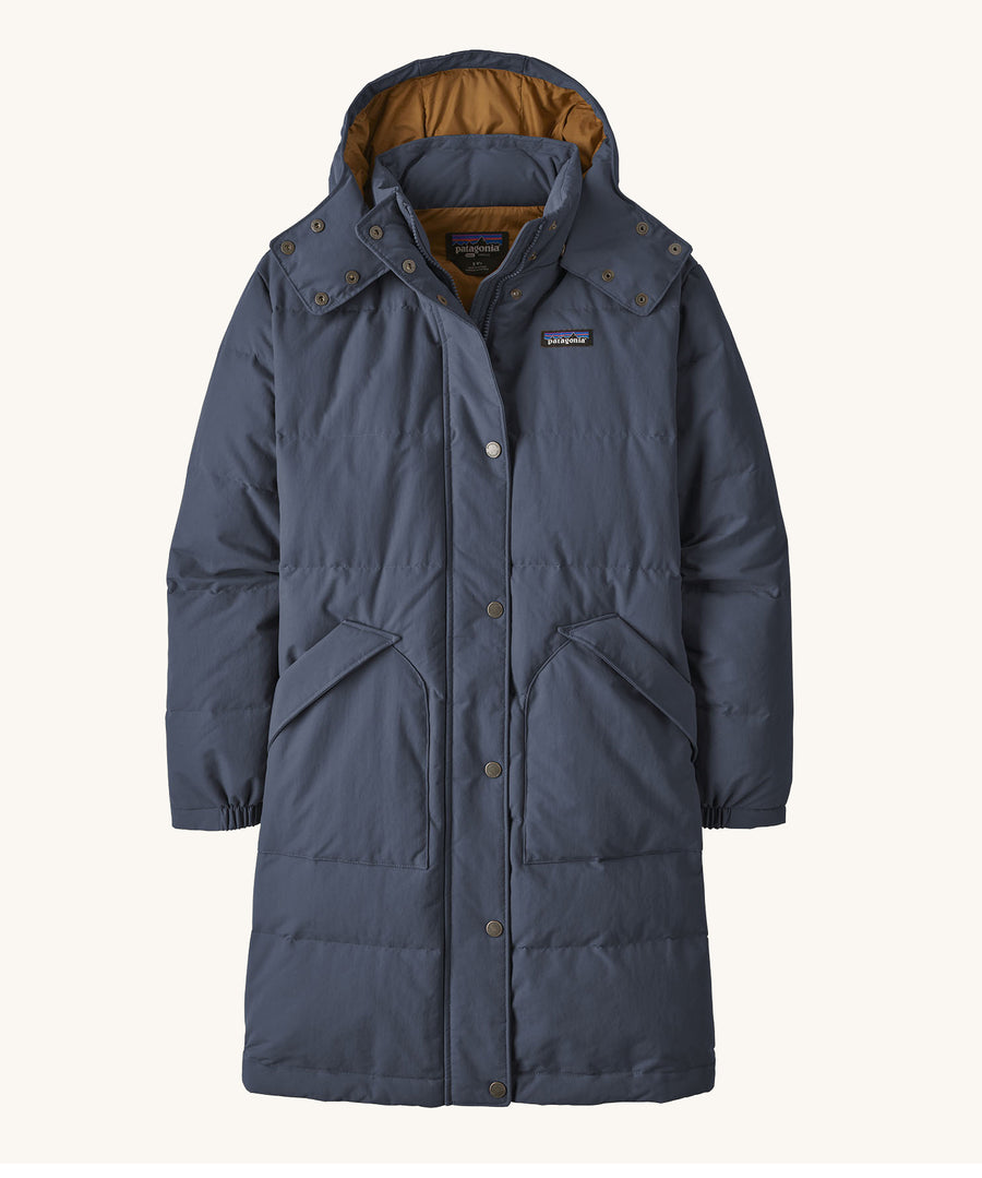 Patagonia Women's Downdrift Parka in Pine Smolder Blue on a plain background