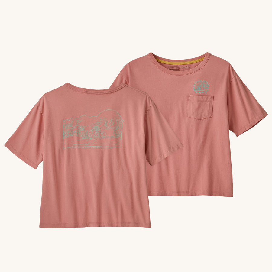 Patagonia Women's Lost and Found Organic Easy Cut Pocket Tee in a Sunfade Pink colour way pictured on a plain background showing the front and back of the t-shirt   