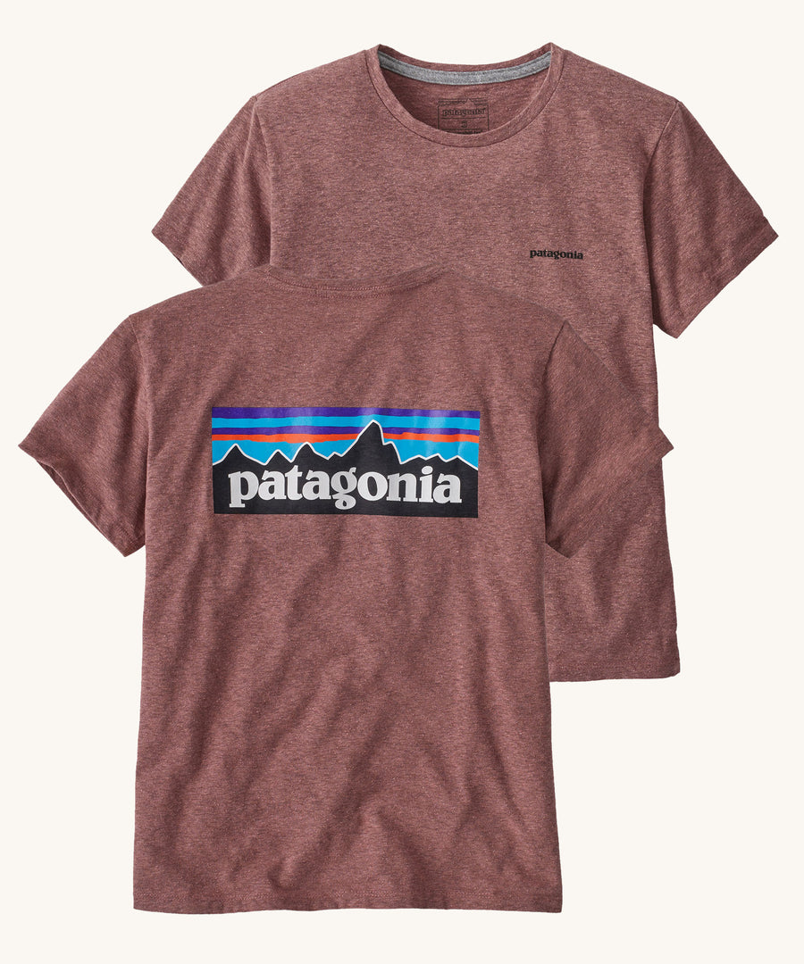  Patagonia Women's P-6 Logo Responsibili-Tee Dulse Mauve on a plain background showing both front and back views