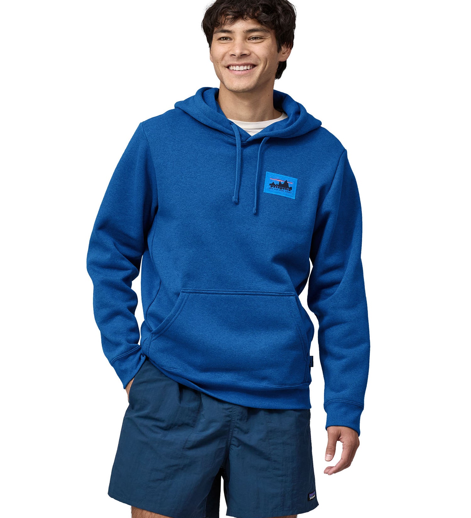 Patagonia men's hoodie in endless blue colour front detail