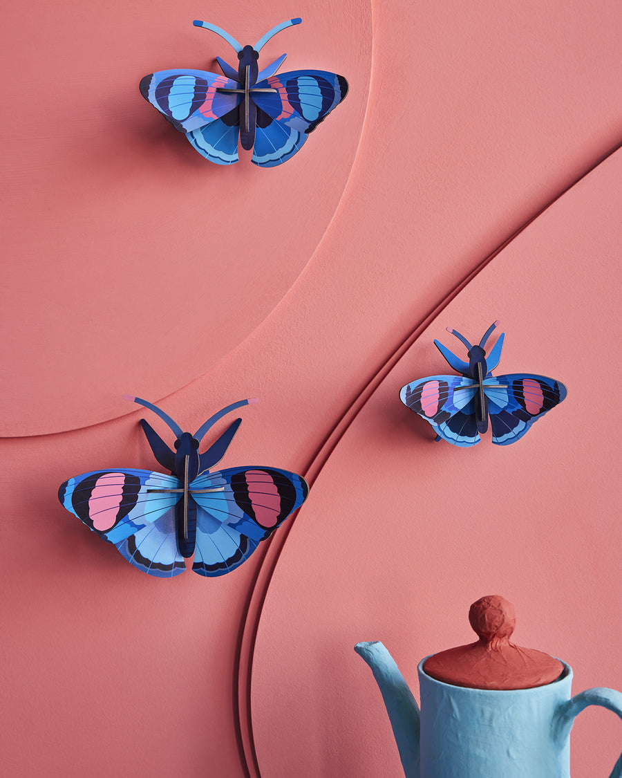  3D Wall Art. Three beautiful Peacock Butterflies in shades of blues