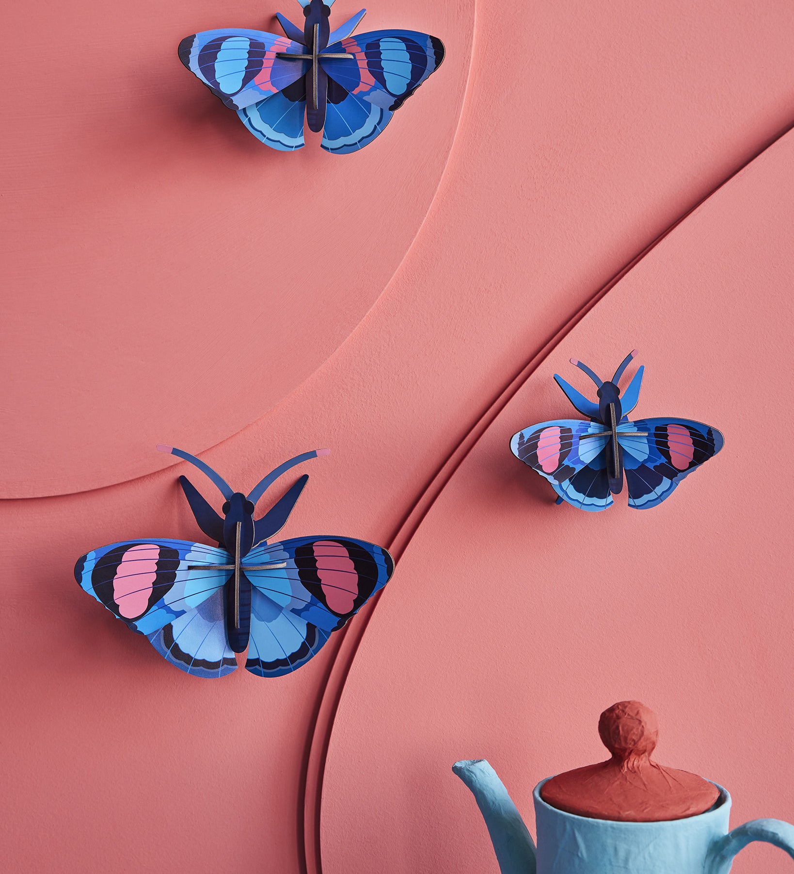  3D Wall Art. Three beautiful Peacock Butterflies in shades of blues