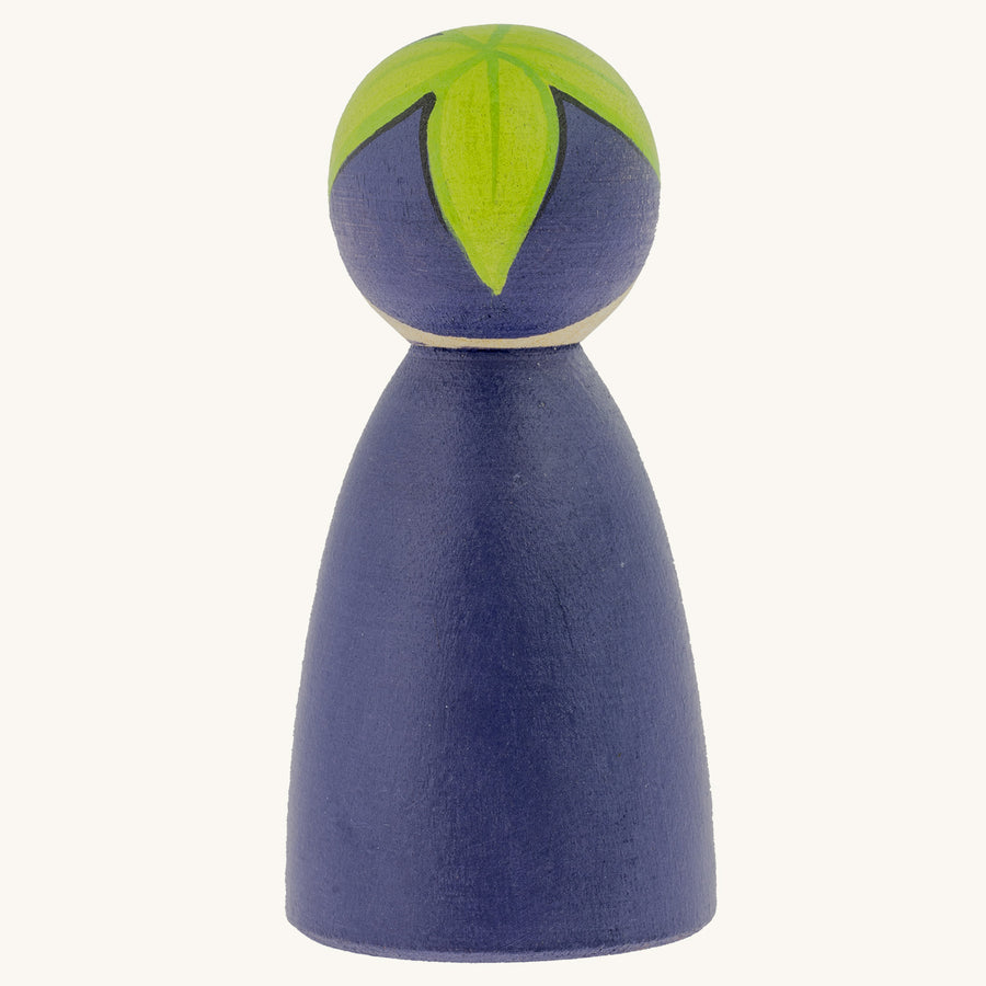 Peepul plastic-free handmade wooden aubergine peg doll toy on an off-white background. Rear profile.