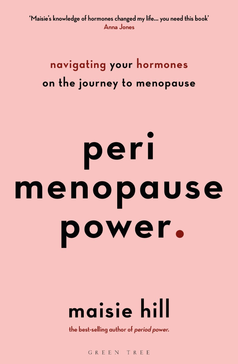 The front cover of the book Perimenopause Power by Maisie Hill, a pink background with red and black writing.