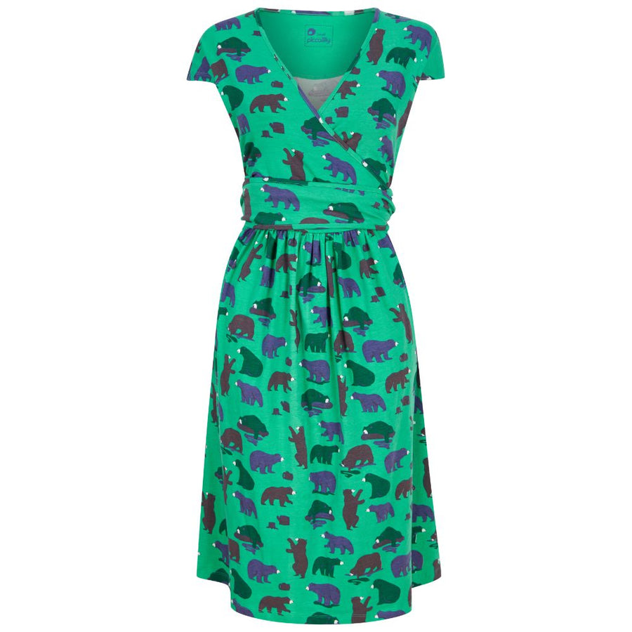 green adult wrap dress with the mountain bear print from piccalilly