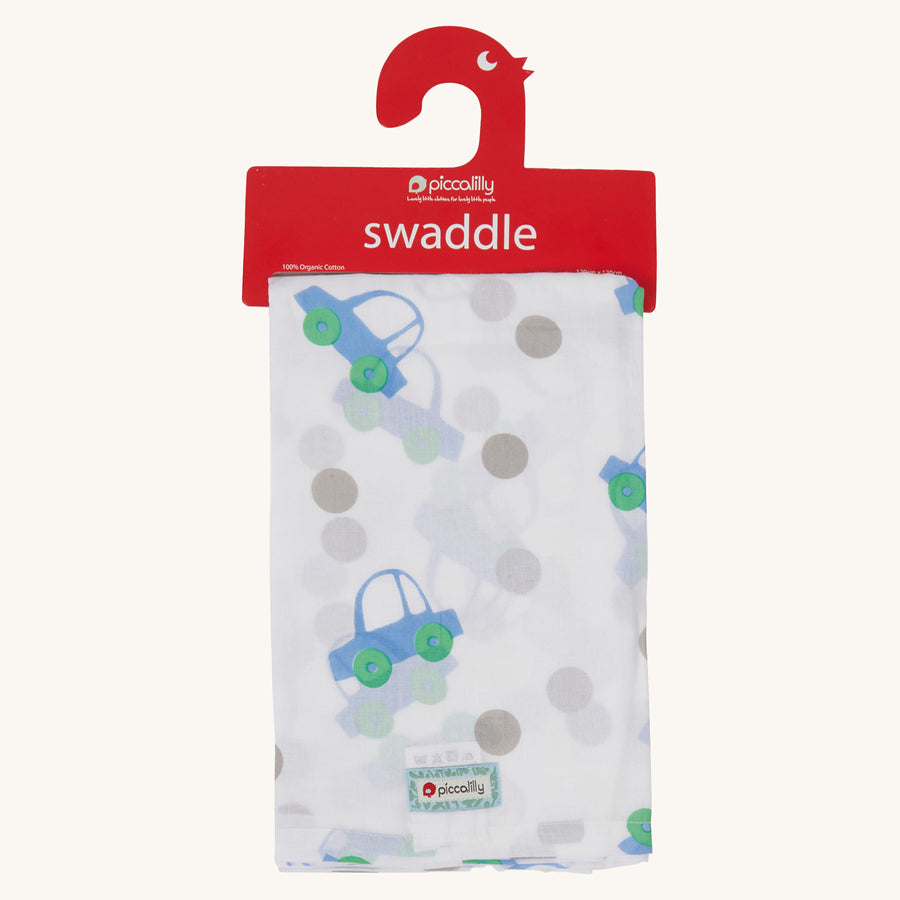 Piccalilly Organic Cotton Baby Muslin Swaddle - Beep Beep. A beautiful white muslin swaddle cloth with large prints of blue cars with green wheels