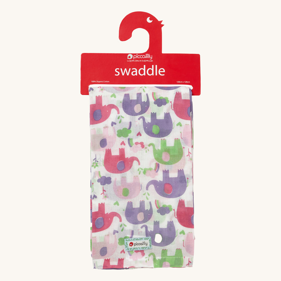 Piccalilly Organic Cotton Baby Muslin Swaddle - Pink Elephants. A beautiful white muslin swaddle cloth with large pink