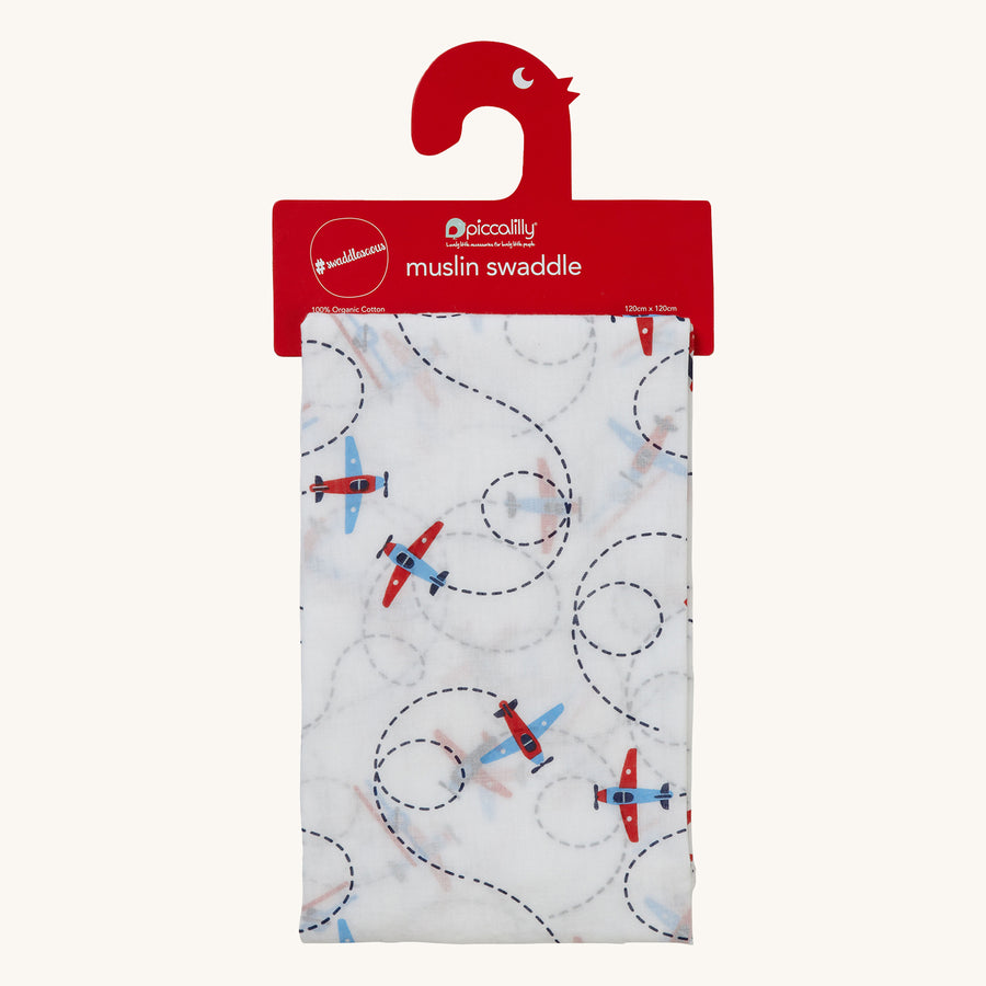 Piccalilly Organic Cotton Baby Muslin Swaddle - Loop the Loop. A beautiful white muslin swaddle cloth with colourful blue airplanes with red wings