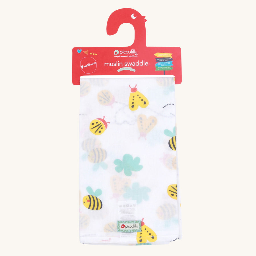 Piccalilly Organic Cotton Baby Muslin Swaddle - Little wings. A beautiful white muslin swaddle cloth with large prints of a bee