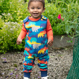 Piccalilly Camo Bear Dungarees being worn by child outdoors