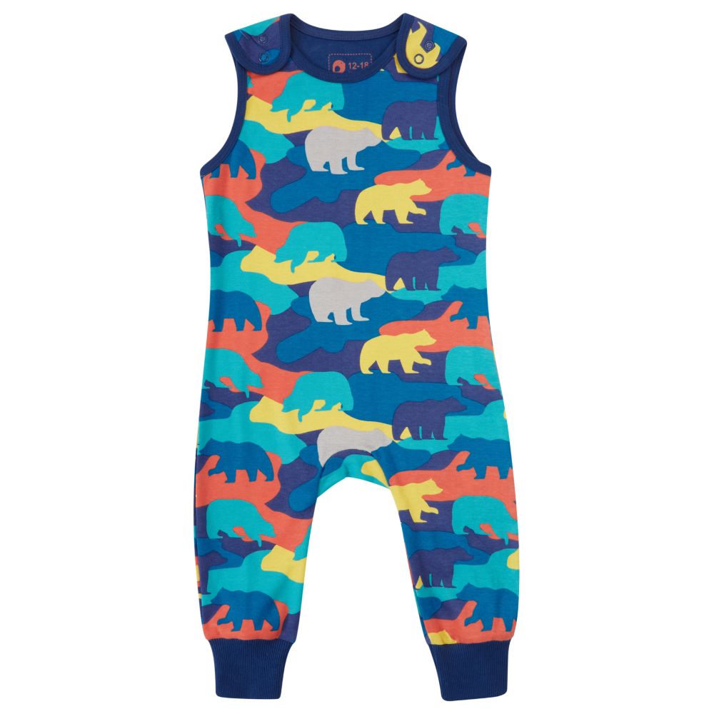 blue children dungaree with the colourful camo bear print from piccalilly