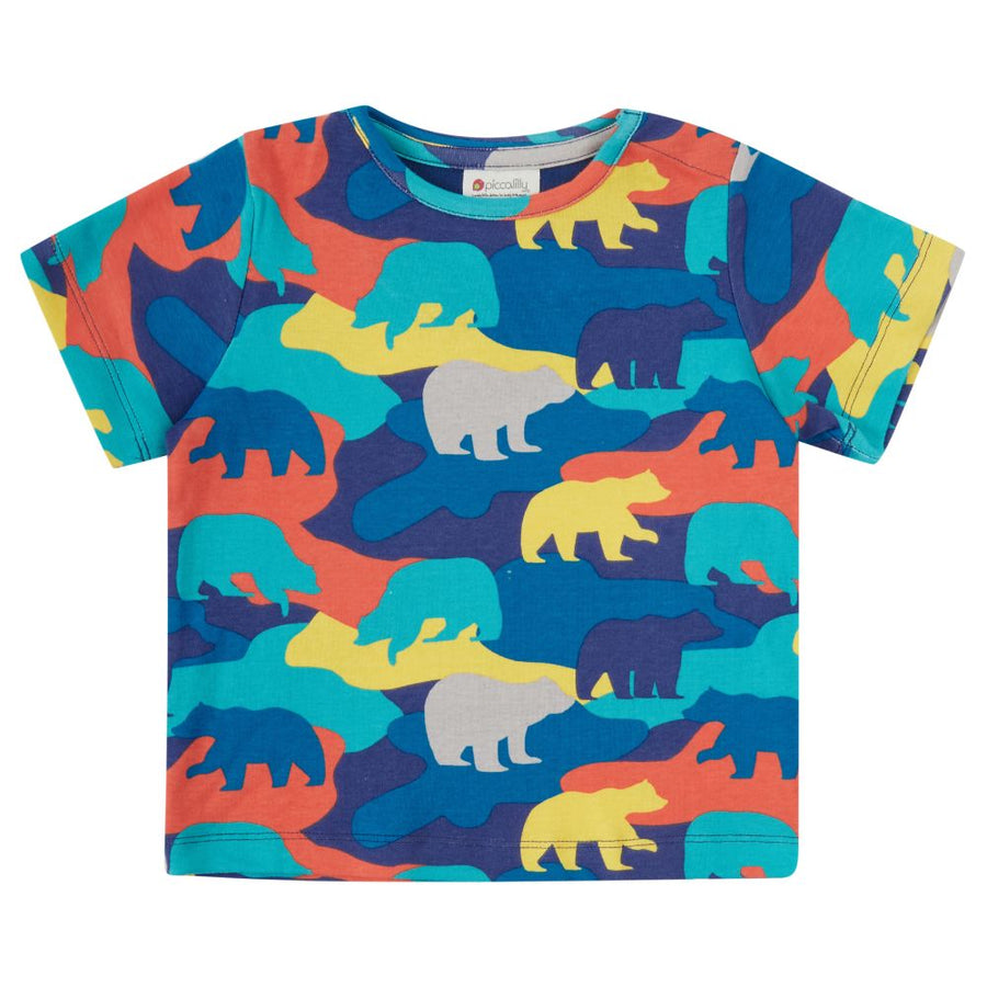 colourful short sleeve top with camo bear pattern from piccalilly