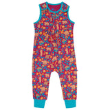 burgundy red children dungaree with the honey bear print and teal trim from piccalilly