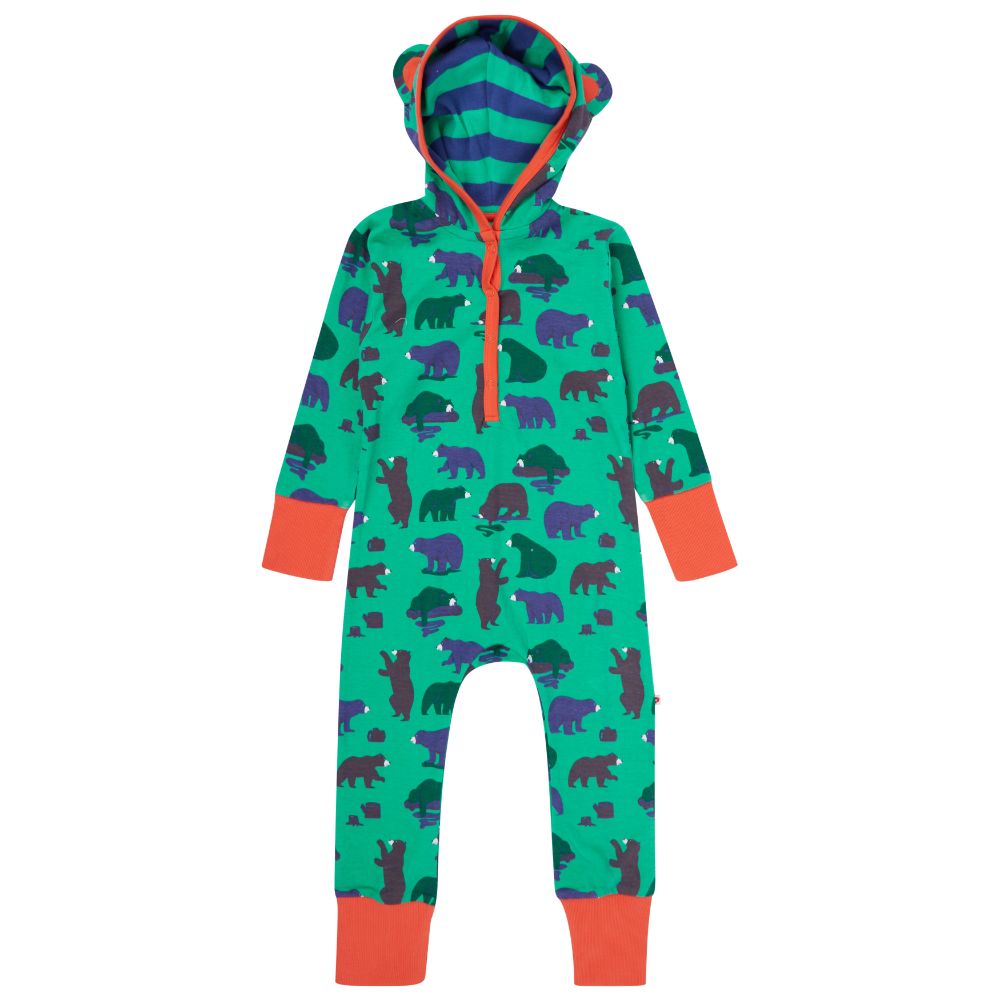 green hooded playsuit with the mountain bear print and orange cuffs from piccalilly