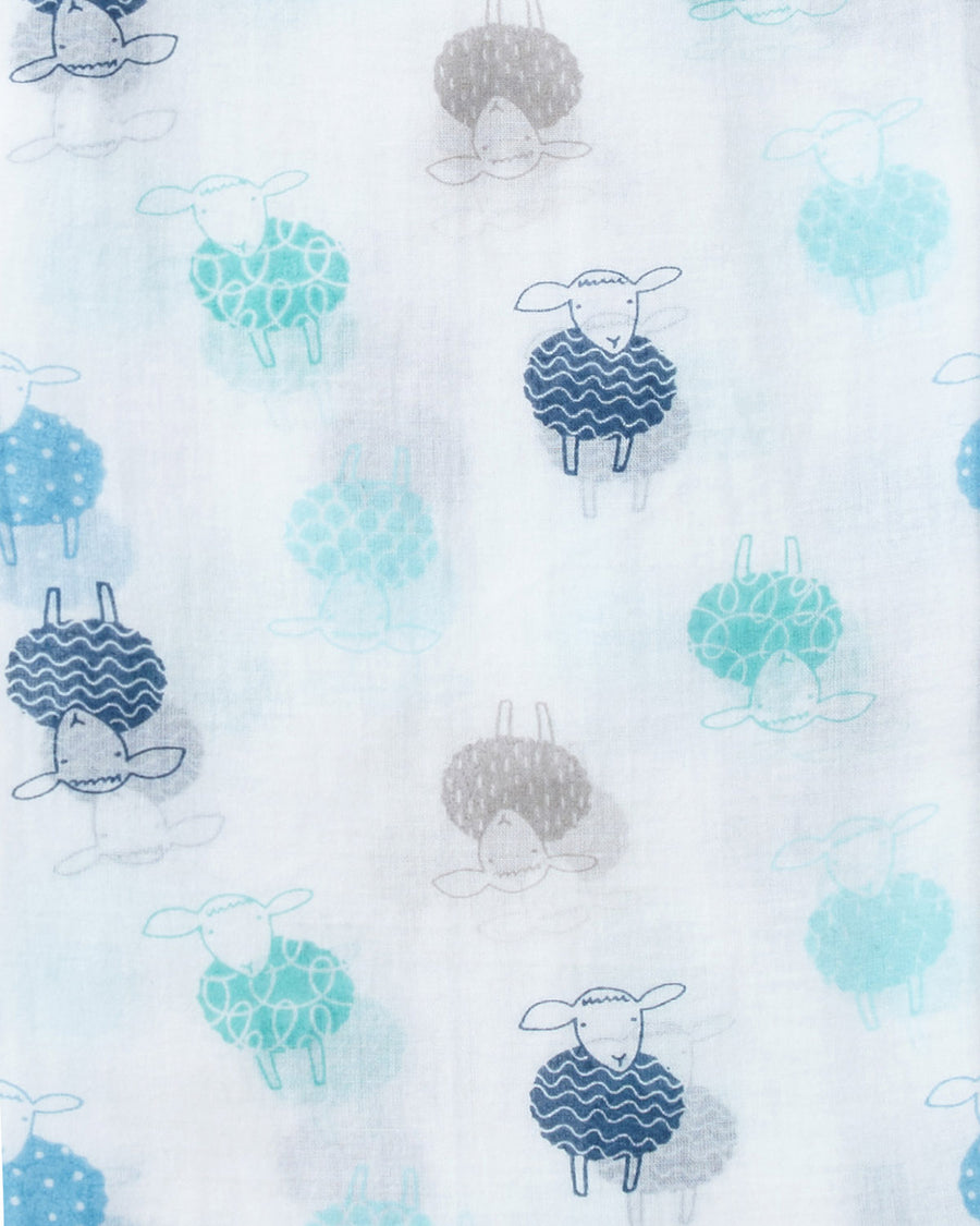 Piccalilly Organic Cotton Baby Muslin Swaddle - Sheep. A beautiful white muslin swaddle cloth with large navy and light blue sheep prints