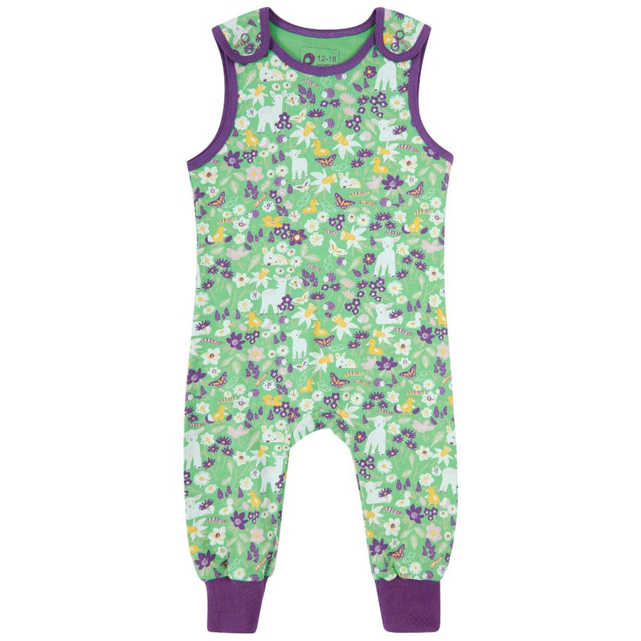 green organic cotton dungarees with the spring meadow print from piccalilly