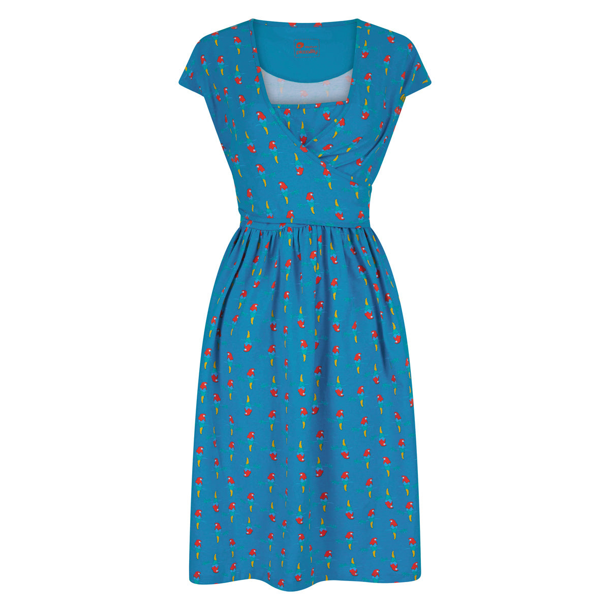 Piccalilly womens blue organic cotton short sleeve wrap dress, with a repeated red parrot print, on a white background