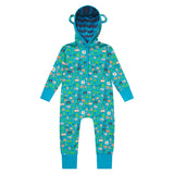 Piccalilly childrens organic cotton hooded playsuit in the blue and green tree tops print on a white background