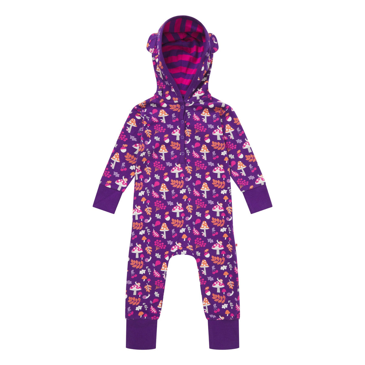 Piccalilly kids organic cotton hooded playsuit in the purple woodland treasures print on a white background