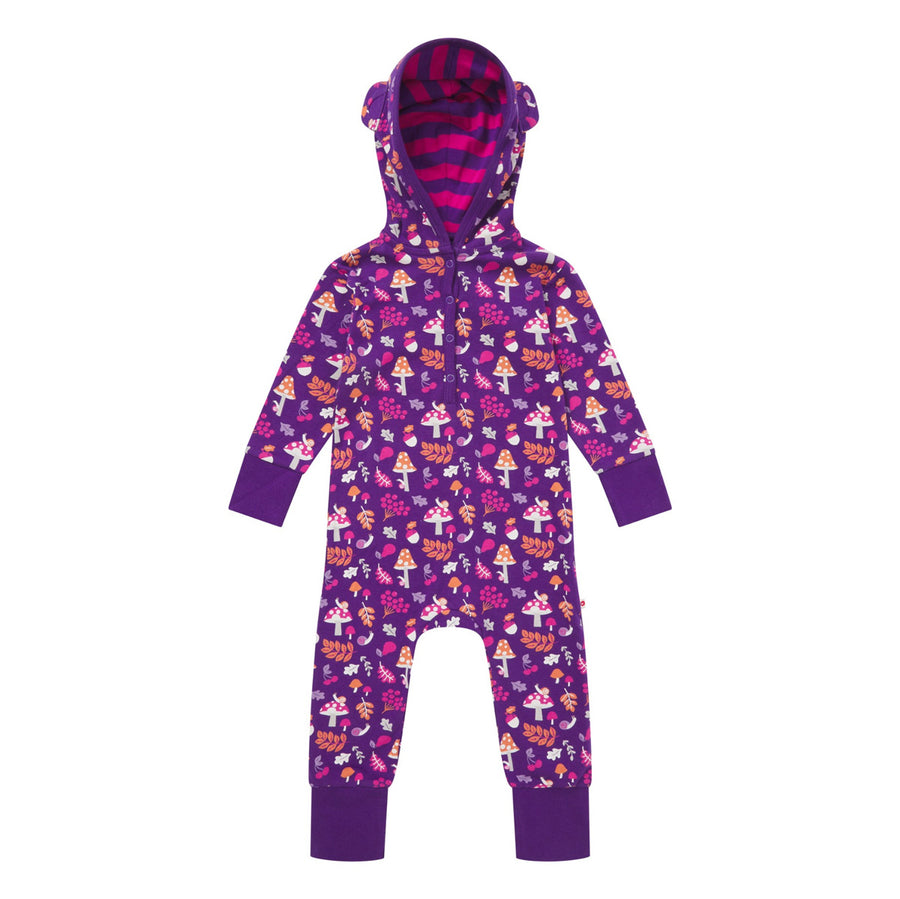 Piccalilly kids organic cotton hooded playsuit in the purple woodland treasures print on a white background