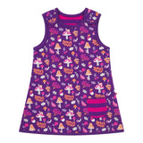 Piccalilly childrens organic cotton reversible dress in the purple woodland treasures print on a white background