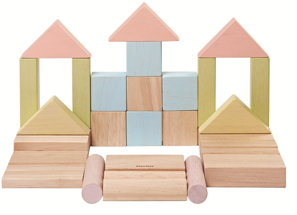 PlanToys Pastel Blocks set on a plain background. 