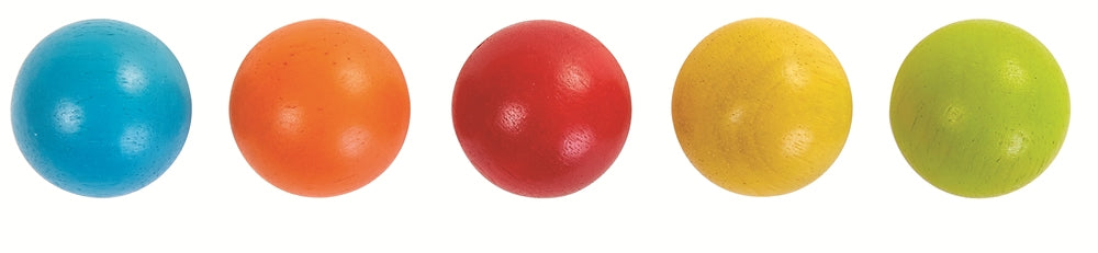 The 5 wooden balls from the The PlanToys Ball Shoot Board Game on a plain background.