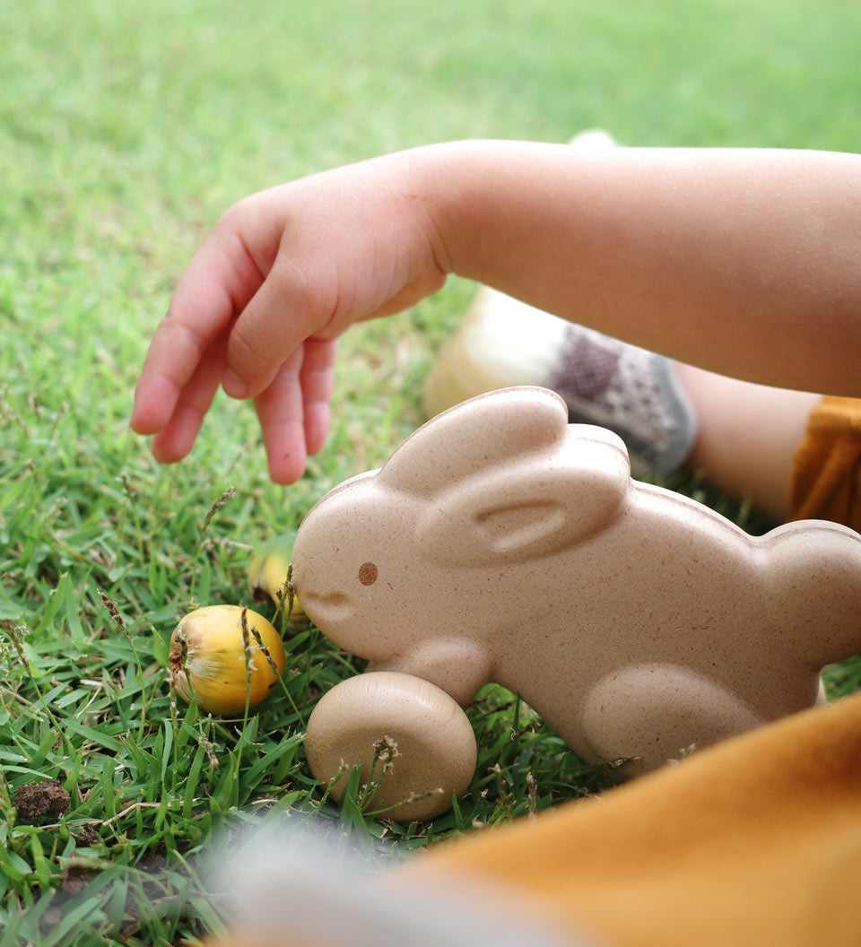 Close up of a childs hand above the Plan Toys plastic free wooden push along bunny on some green grass