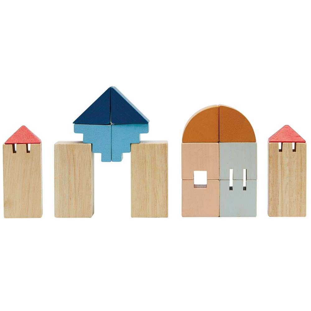 PlanToys Creative Blocks in the Orchard colour way on a plain background. 