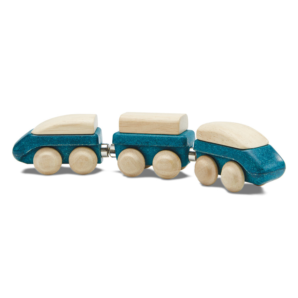 Plan toys eco-friendly wooden hybrid train toy on a white background