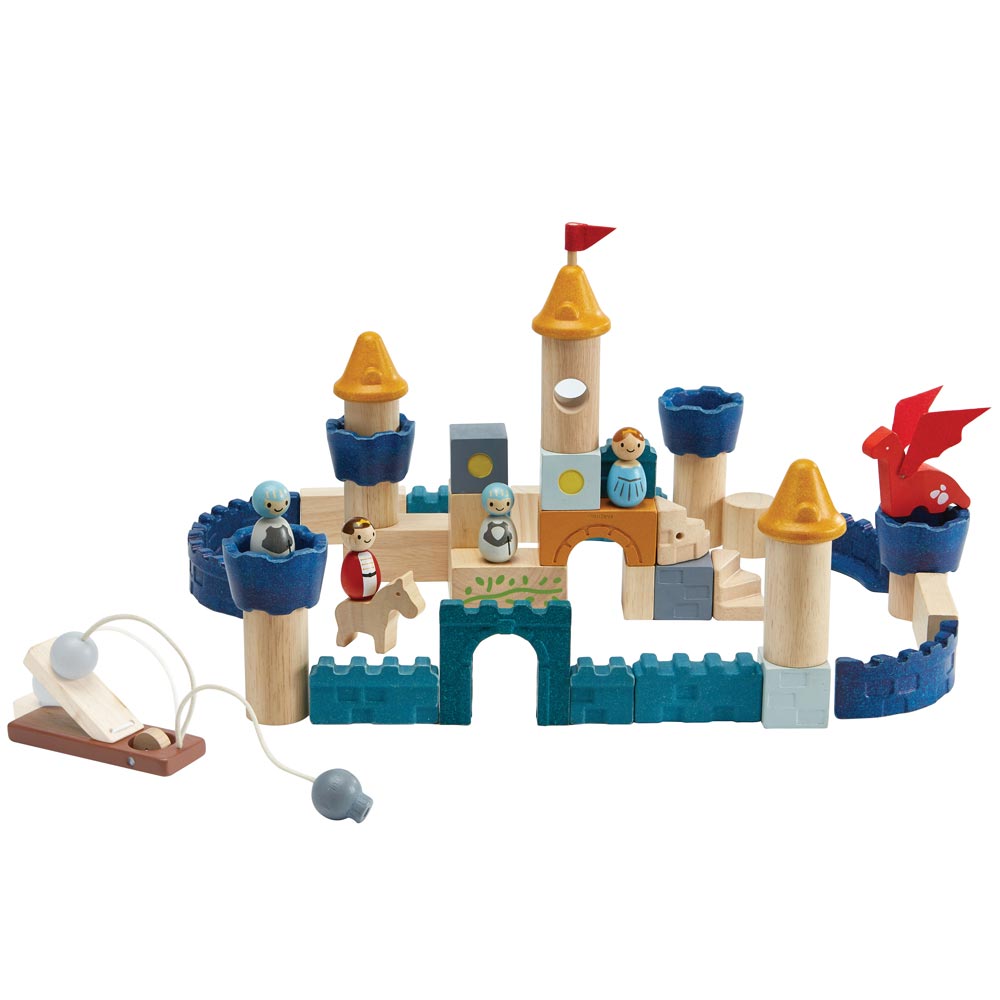 The PlanToys Castle Building Blocks set in the orchard colour way pictured on a plain background. 