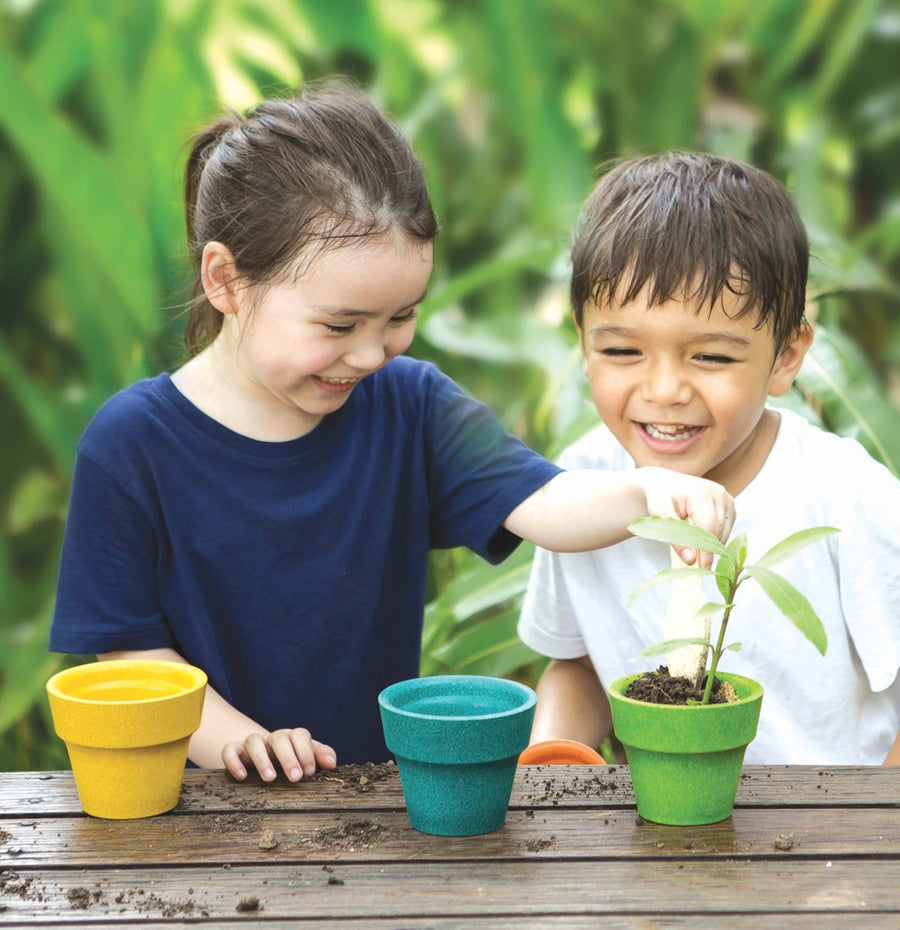 four colourful plant pots in green